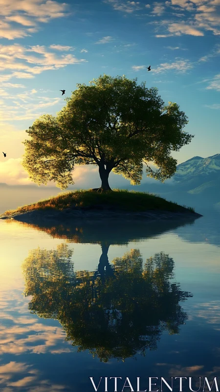 Solitary lakeside tree mirrored on calm reflective water.