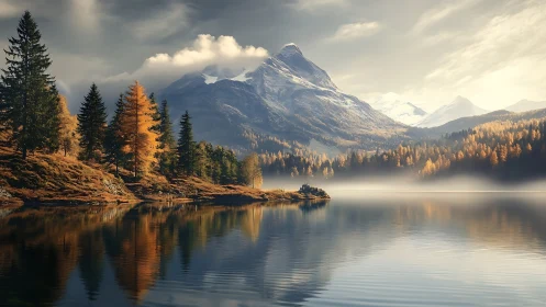 Mountain lake reflects conifer forest and distant snow peaks