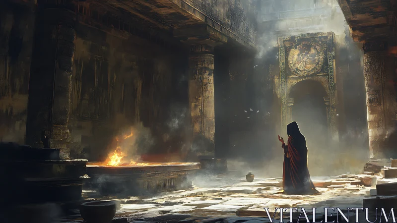 Mystic robed figure pauses in a ruined temple of fire and light