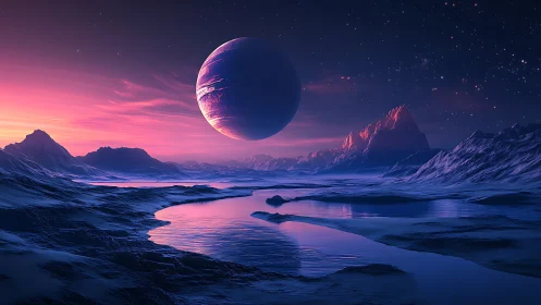Luminescent exoplanet over glacial valley under magenta dusk