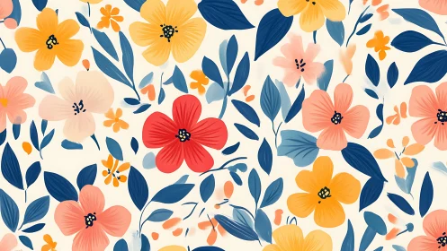 Floral pattern with yellow, coral, and navy blue flowers on cream background