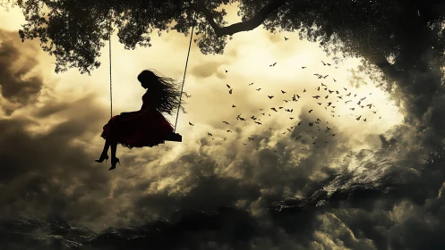 Twilight swing above the clouds and a river of flying birds.