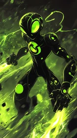 Neon cyber hero surges through toxic green energy storm.