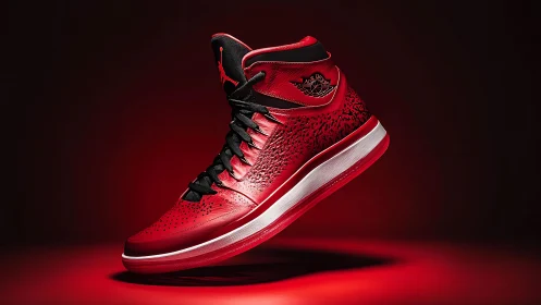Red high-top basketball shoe in isolated product display.
