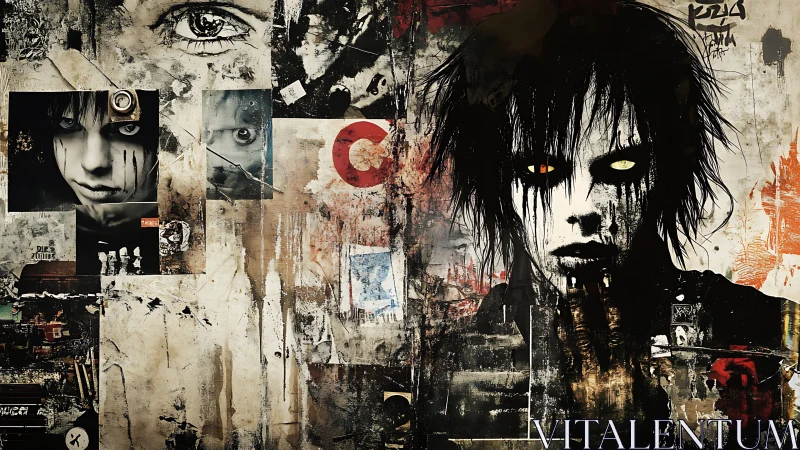 Urban collage reveals a brooding goth figure with glowing eyes