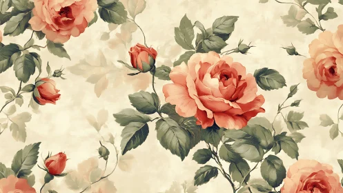 Chromatic rose inflorescences in repeating botanical tiling pattern.