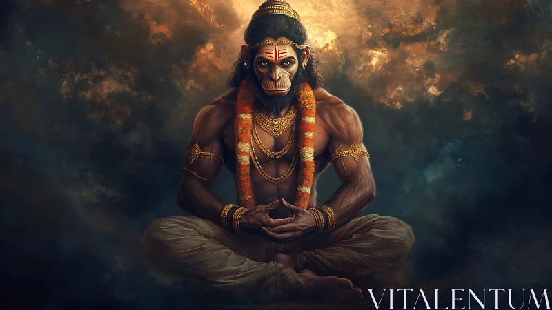 Serene warrior monkey sage resting in glowing twilight meditation.