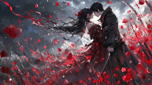 War-torn lovers embrace amid crimson battlefield storm.