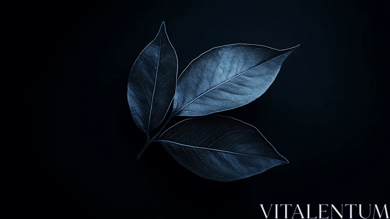 Two illuminated blue leaves rest in dramatic dark space