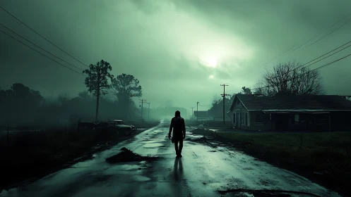 Solitary silhouette walks into a mist-soaked neon dawn road