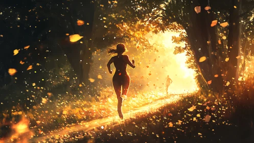 Backlit autumn runners on forest trail with glowing foliage