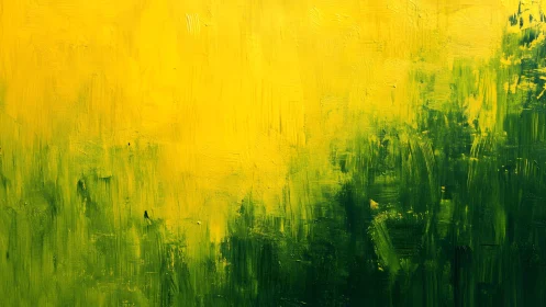 Abstract yellow and green oil painting with textured brush strokes.