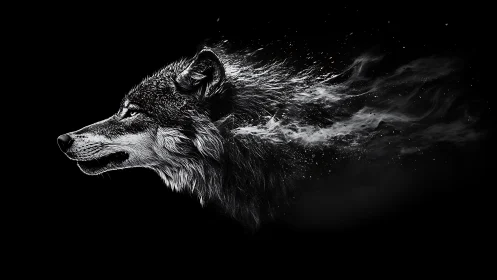 Monochrome wolf portrait dissolves into vaporous particle trails