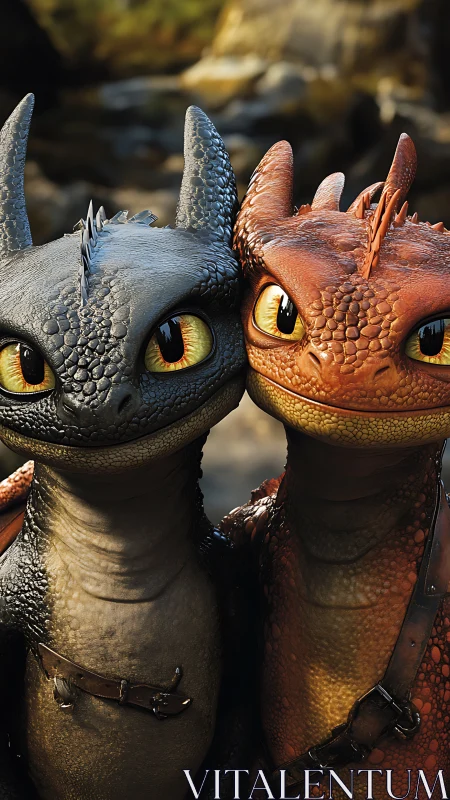 Dragon hatchlings lean in close and share a knowing grin