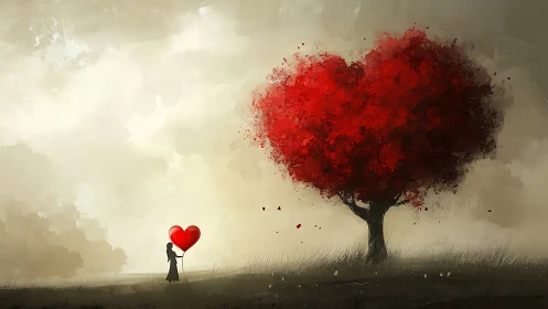 Silhouetted figure holding monolithic crimson heart beneath sprawling tree with dispersed particle c