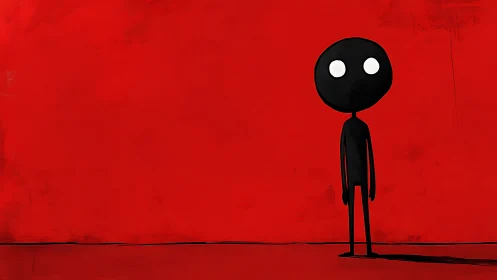Minimalist black figure on stark red background.
