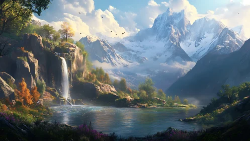 Digital alpine lake landscape with waterfall and peaks.