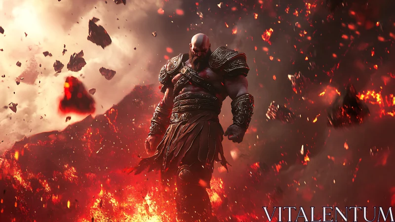 Armored warlord strides through erupting volcanic inferno.