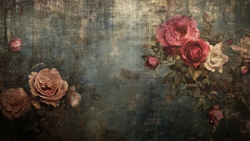 Vintage rose bouquet on distressed teal textured canvas.