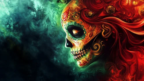 Profile view of ornate skull figure in swirling colors.