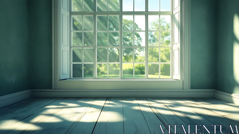 Empty interior with large grid window and outdoor view.