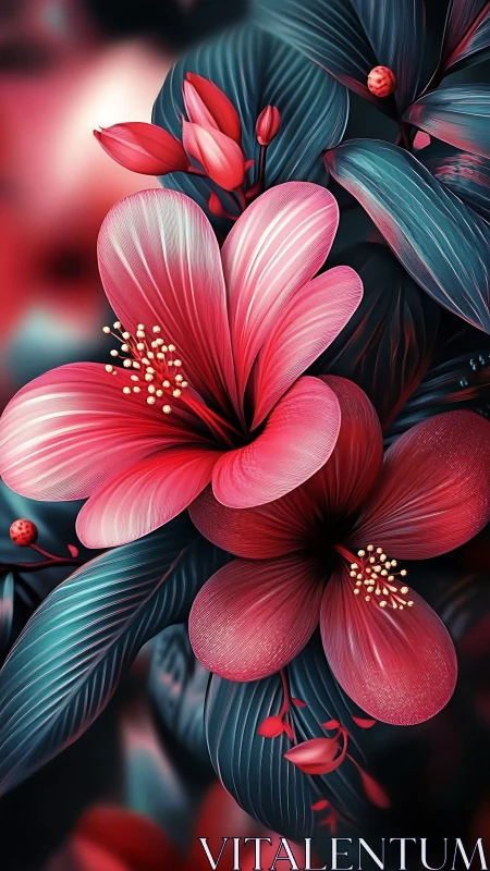 Crimson Petals Bloom: Radiant Floral Symphony in Teal Foliage