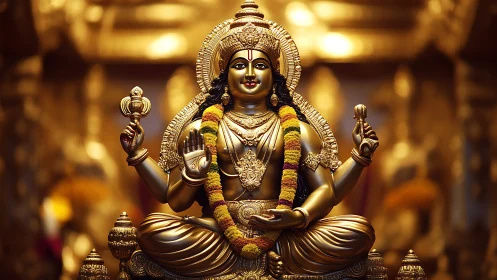 Golden Hindu deity statue glows under dramatic temple light.