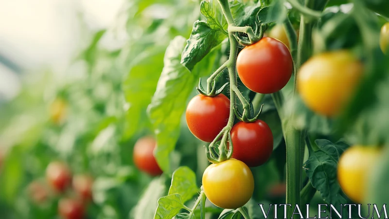Sunlit vine of garden tomatoes in a ripeness rainbow parade.