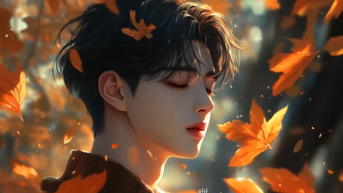 Young man stands in soft autumn light among drifting leaves