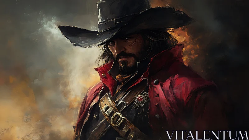 Storm-worn gunslinger studies the horizon through fire-slick dusk