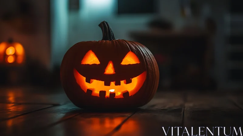 Illuminated carved pumpkin jack-o-lantern on wooden floor.