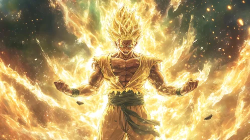 Explosive golden-haired warrior channels concentrated plasma aura