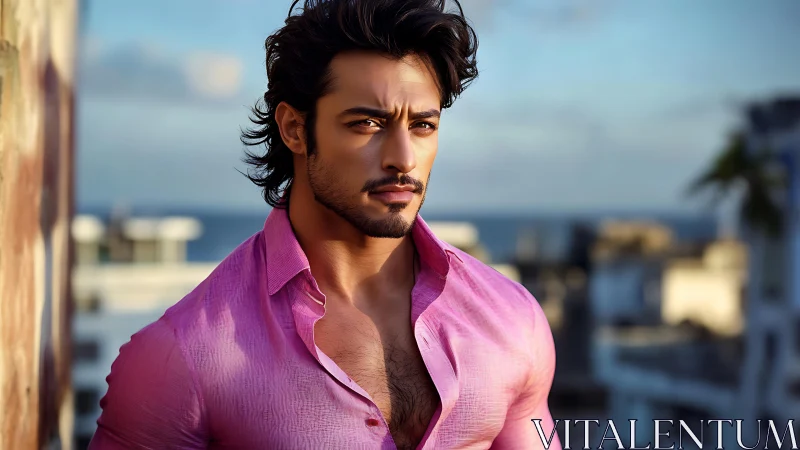 Sunlit rooftop portrait of a confident man in pink shirt.
