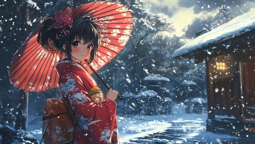 Snowlit kimono girl under crimson umbrella in silent shrine.