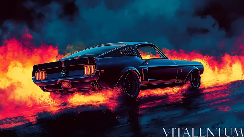 Neon-lit muscle car accelerates through stylized inferno haze