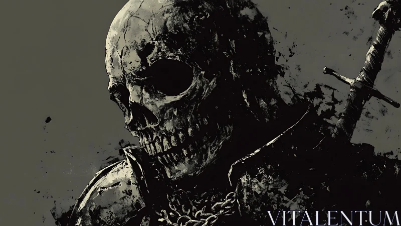 Skeletal warrior portrait with sword in monochrome tones.