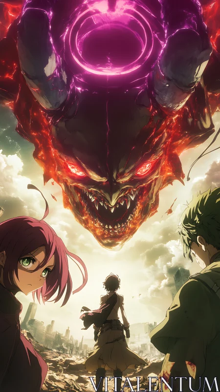 Colossal molten demon over ruined city confronting three heroes