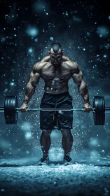 Muscular athlete lifts barbell in dramatic snowstorm scene.