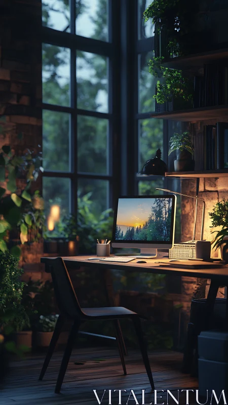 Cozy plant-filled home office with dusk forest monitor view.
