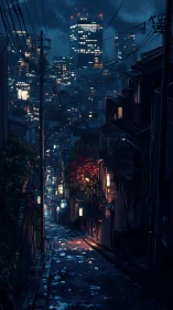 Narrow urban slope at night with wet street and towers.