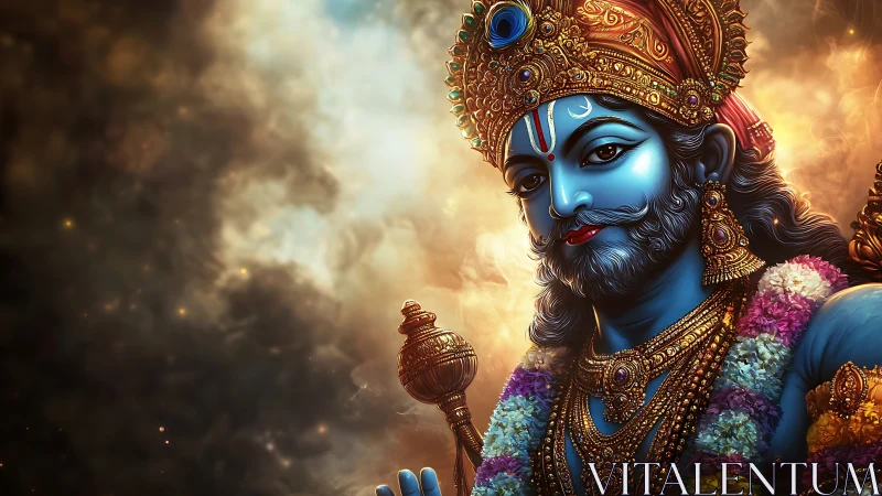 Blue-skinned deity portrait glows against stormy cosmic mist