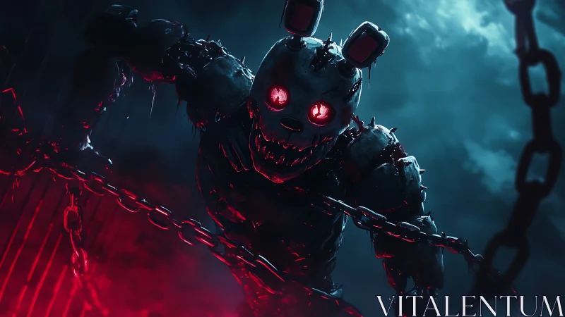 Cybernetic demon rabbit looms in chains and neon mist.