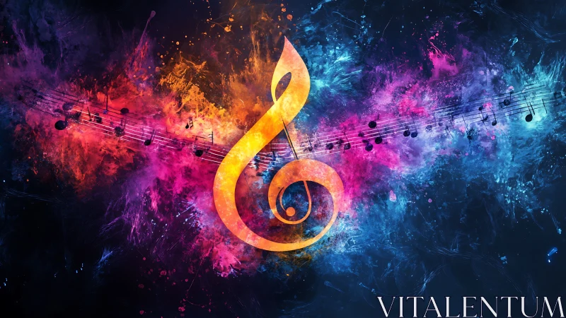 Vibrant treble clef in explosive neon music spectrum.