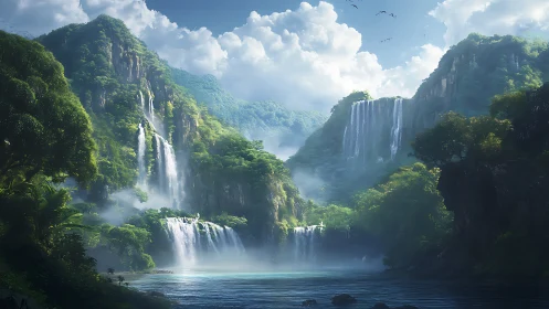 Emerald cascade kingdom under roaming cloud lanterns.