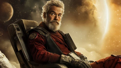 Seasoned space explorer rests quietly amid glowing planets