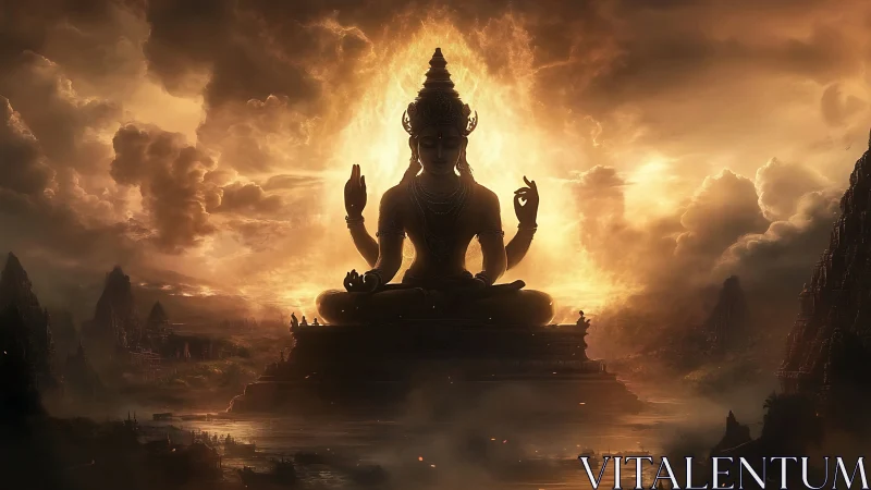 Seated deity silhouette is centered against luminous cloud mass