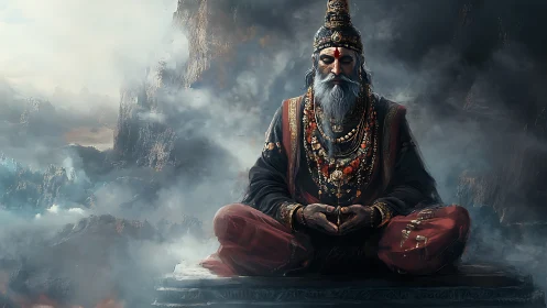 Digital painting of meditative sage amid storm-wreathed peaks.