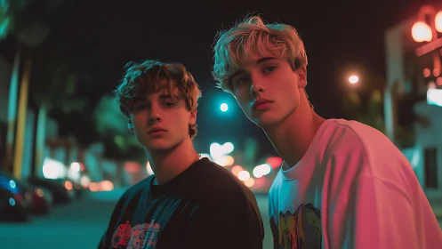 Neon-lit urban night portrait of two youths in shallow focus