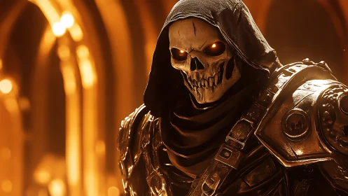 Ember-eyed death knight stalks through molten cathedral light