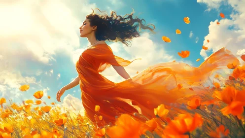 Woman in flowing orange dress runs free through sunlit blooms